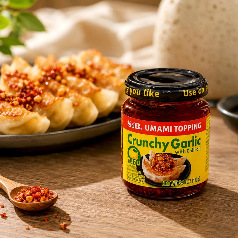 Asian pantry — S&B crunchy garlic chili oil with a prepared meal