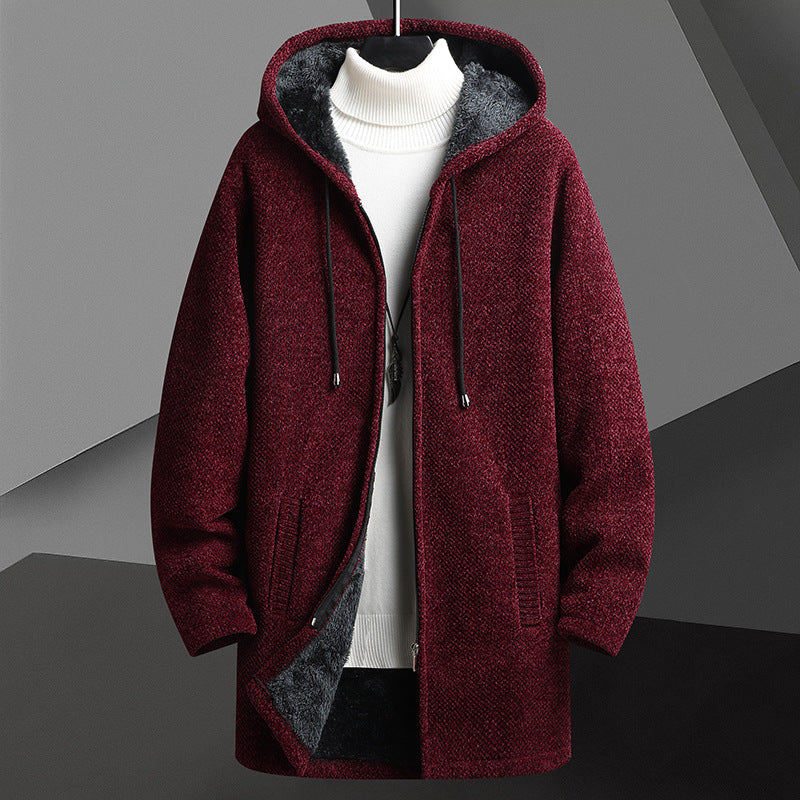 Men’s Fleece-Lined Hooded Cardigan Sweater – Mid-Length Zip-Up Winter Jacket