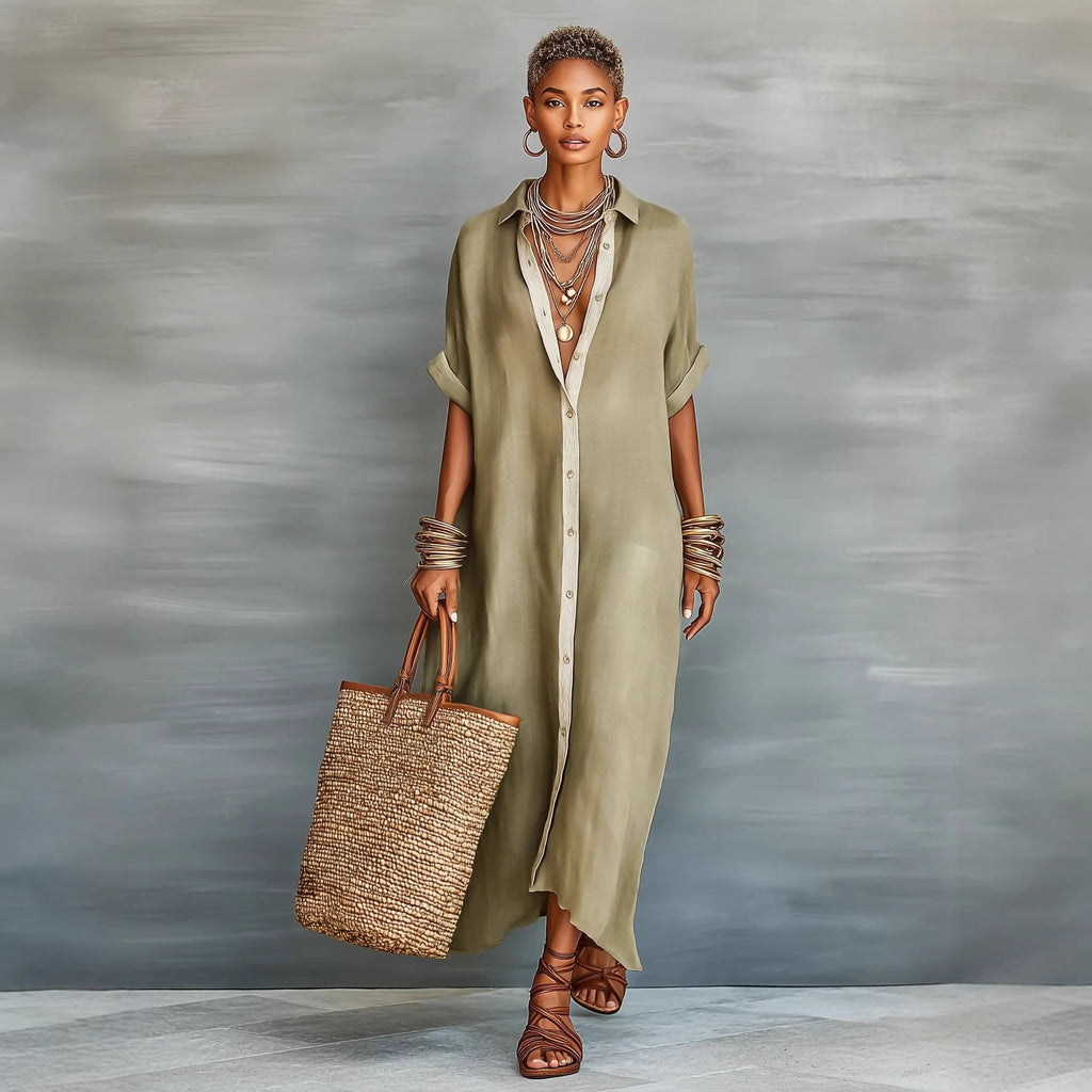Women’s Summer Short-Sleeve Shirt Dress – Lapel Collar Button-Front Maxi Dress
