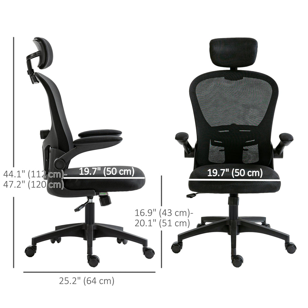 Office Chair, Mesh Computer Desk Chair with Adjustable Headrest, 4D Lumbar Support, Flip-up Arm, Grey