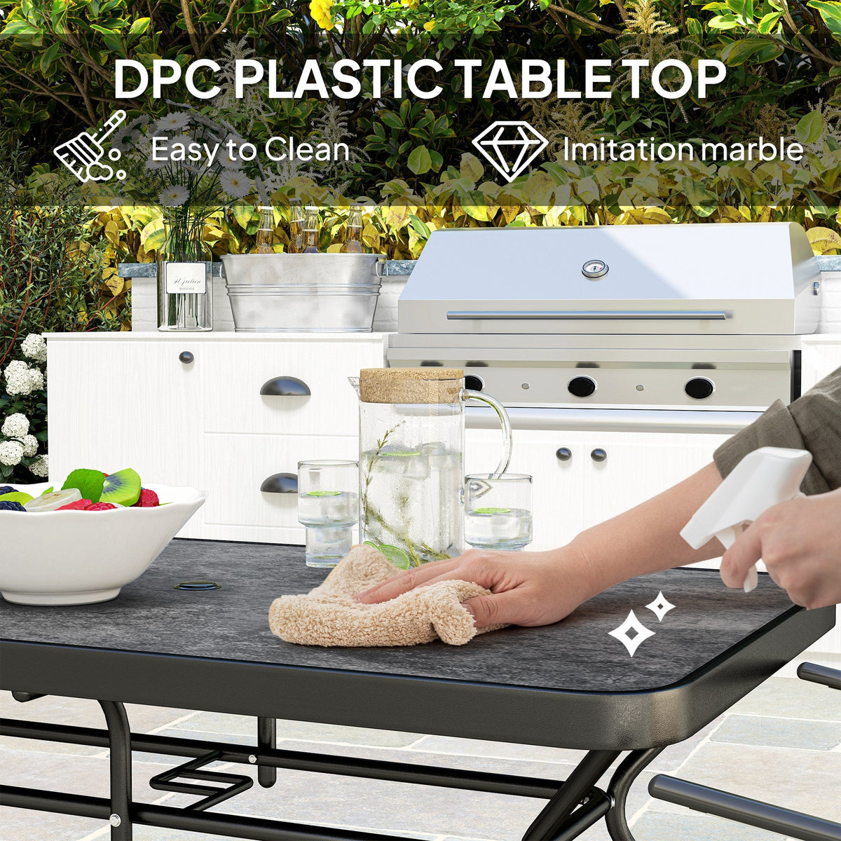 Rectangle Outdoor Dining Table for 6, with 1.7" Umbrella Hole, Easy Clean DPC Plastic Tabletop, 55" x 31.5" x 28"