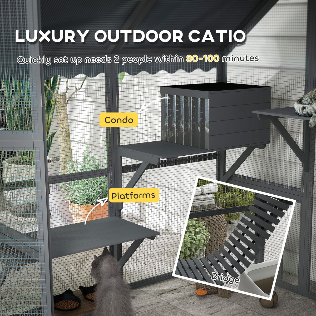 Large Catio Outdoor with Waterproof Cover, 2 Resting Boxes, 4 Platforms, Bridge, for 2-4 Kittens, Grey