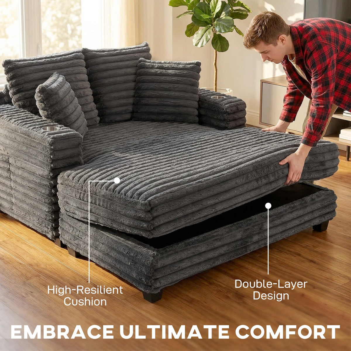 60" Chaise Lounge Chair, Oversized Upholstered Sofa Bed with Cup Holders & Pillows, Sleeper Couch for Living Room, Beige