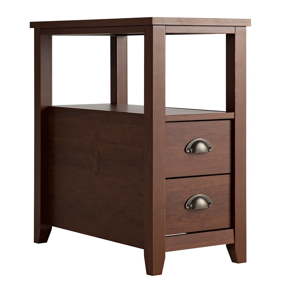 Narrow End Table and Bedside Table with 2 Drawers and Open Shelf, Brown