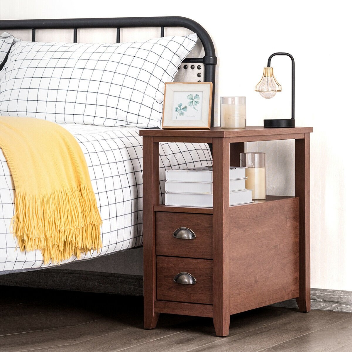 Narrow End Table and Bedside Table with 2 Drawers and Open Shelf, Brown