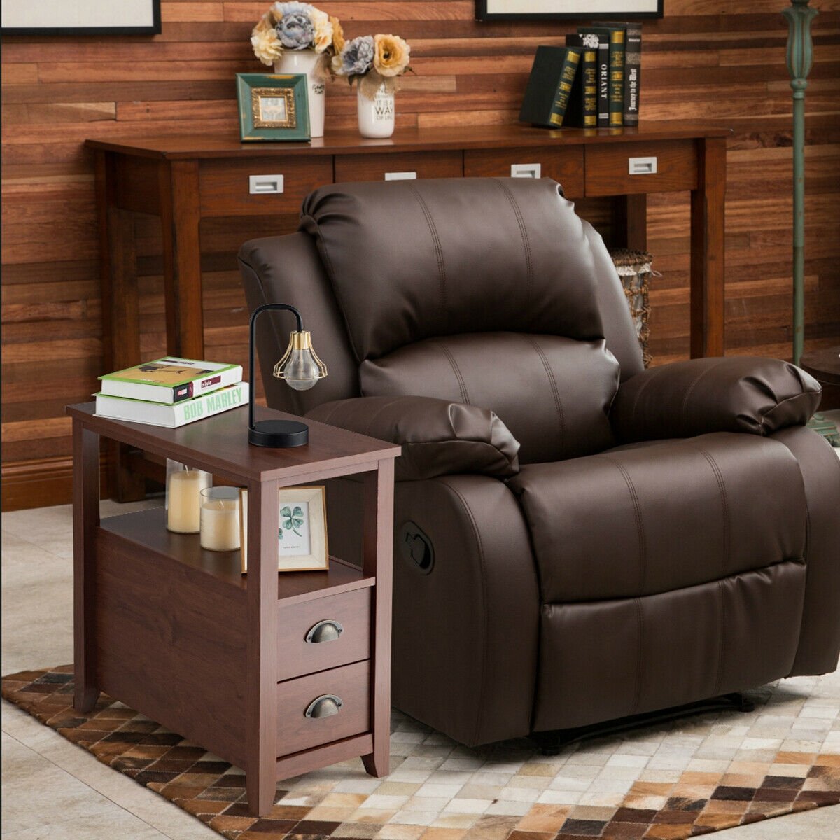 Narrow End Table and Bedside Table with 2 Drawers and Open Shelf, Brown