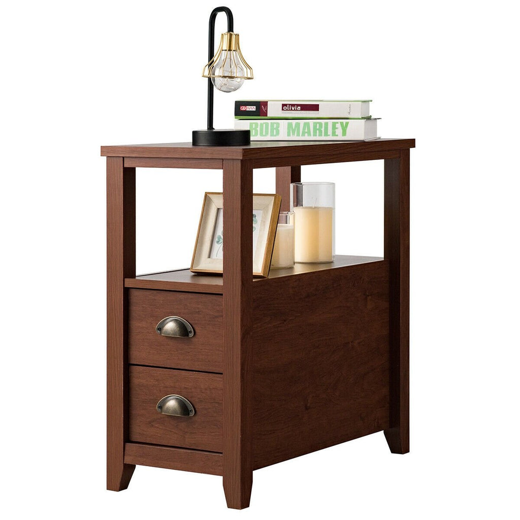 Narrow End Table and Bedside Table with 2 Drawers and Open Shelf, Brown