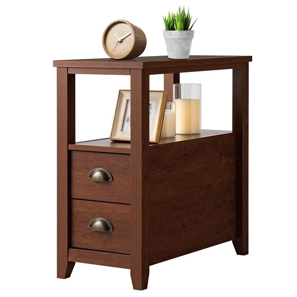 Narrow End Table and Bedside Table with 2 Drawers and Open Shelf, Brown