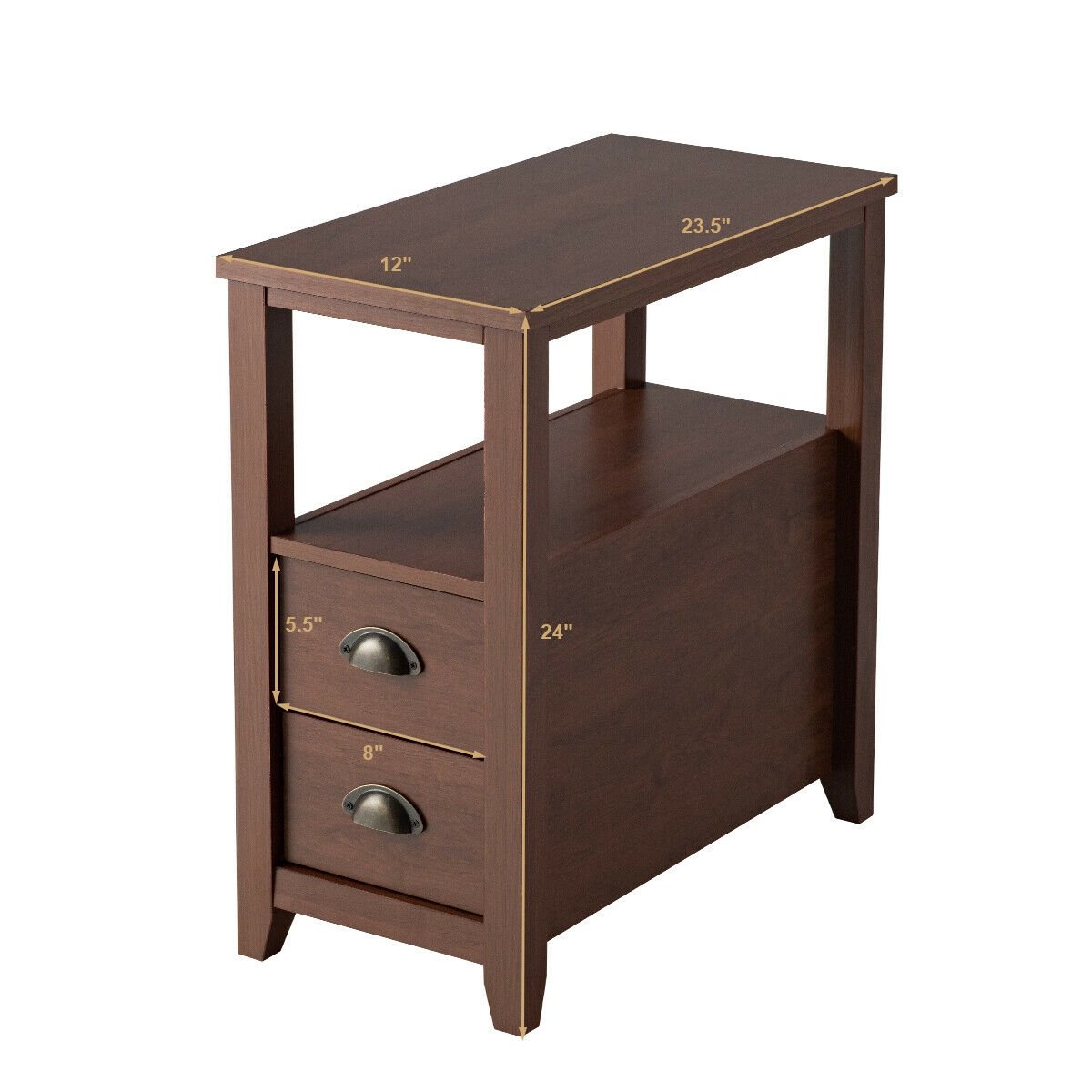 Narrow End Table and Bedside Table with 2 Drawers and Open Shelf, Brown