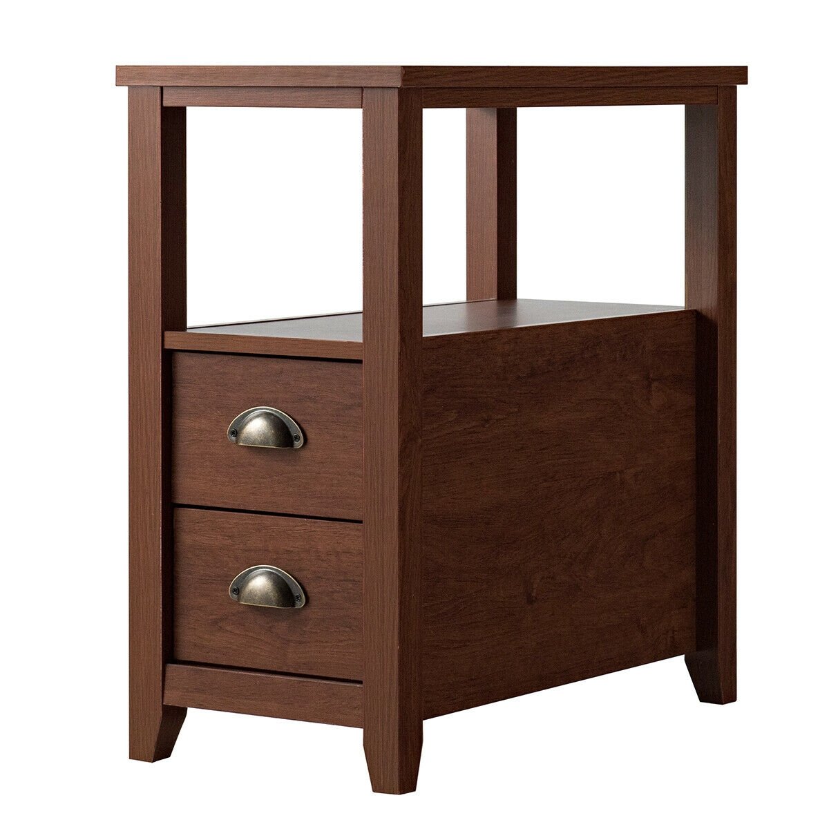 Narrow End Table and Bedside Table with 2 Drawers and Open Shelf, Brown