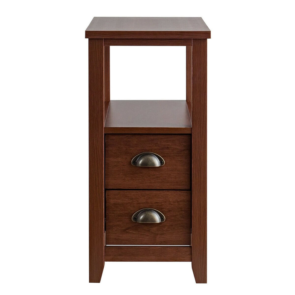 Narrow End Table and Bedside Table with 2 Drawers and Open Shelf, Brown