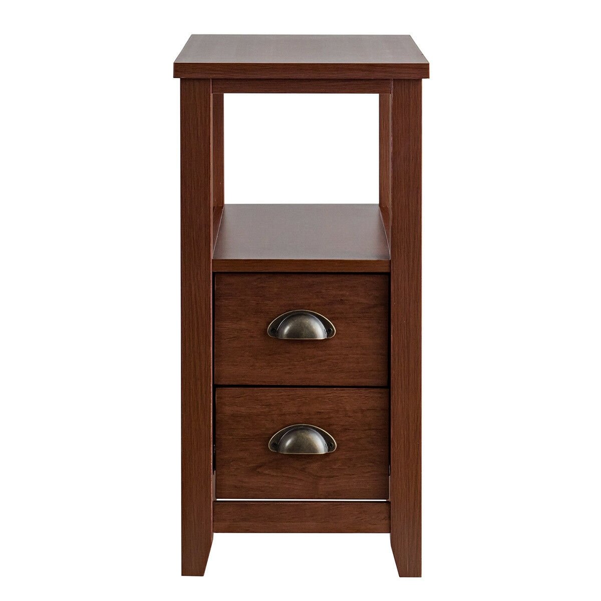 Narrow End Table and Bedside Table with 2 Drawers and Open Shelf, Brown