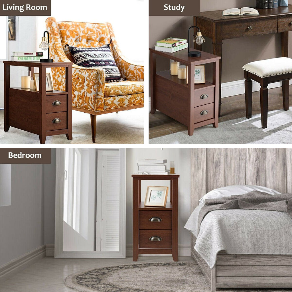 Narrow End Table and Bedside Table with 2 Drawers and Open Shelf, Brown