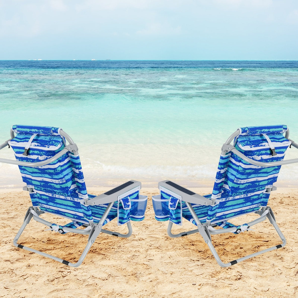 1 Piece Foldable Backpack Beach Chair with Cup Holder and Storage Pockets for Outdoor-Navy