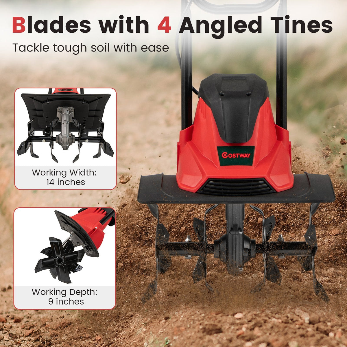 10 Amp Powerful Corded Electric Tiller Cultivator with Safety Lock-Red