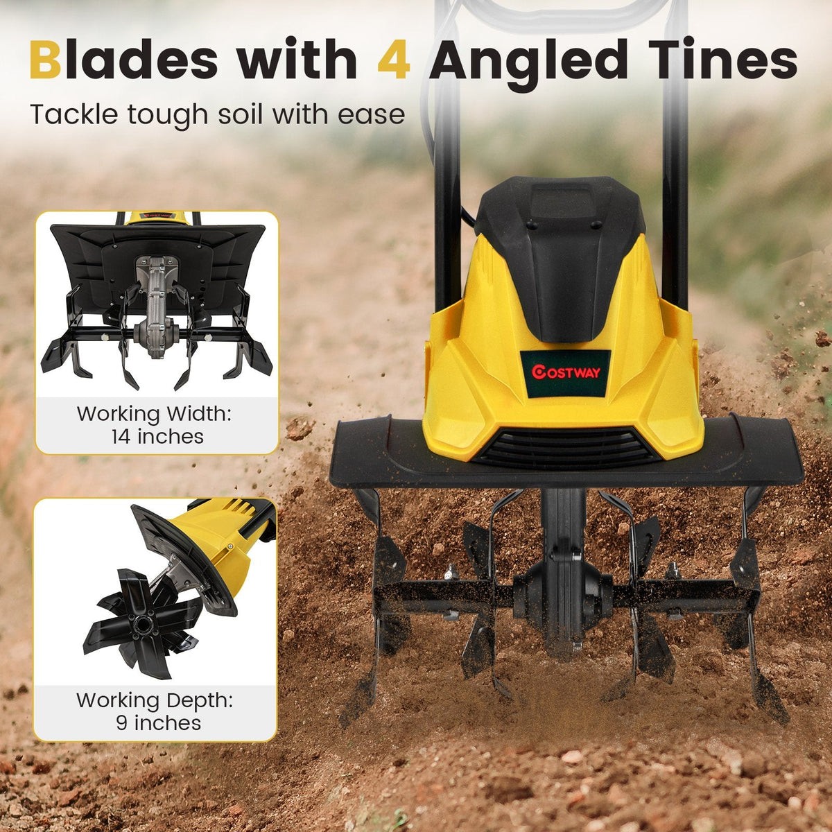 10 Amp Powerful Corded Electric Tiller Cultivator with Safety Lock-Yellow