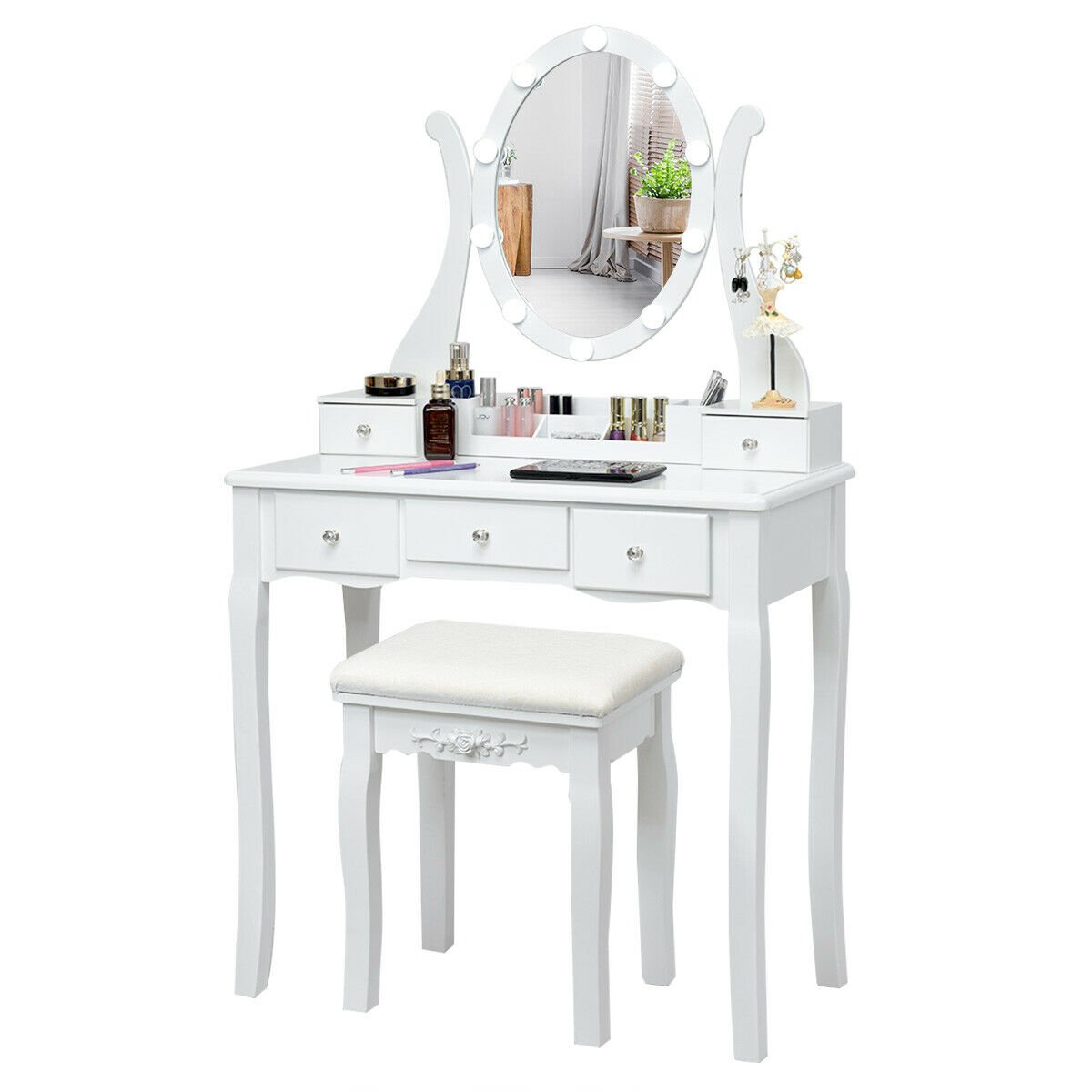 10 Dimmable Lights Vanity Table Set with Lighted Mirror and Cushioned Stool-White