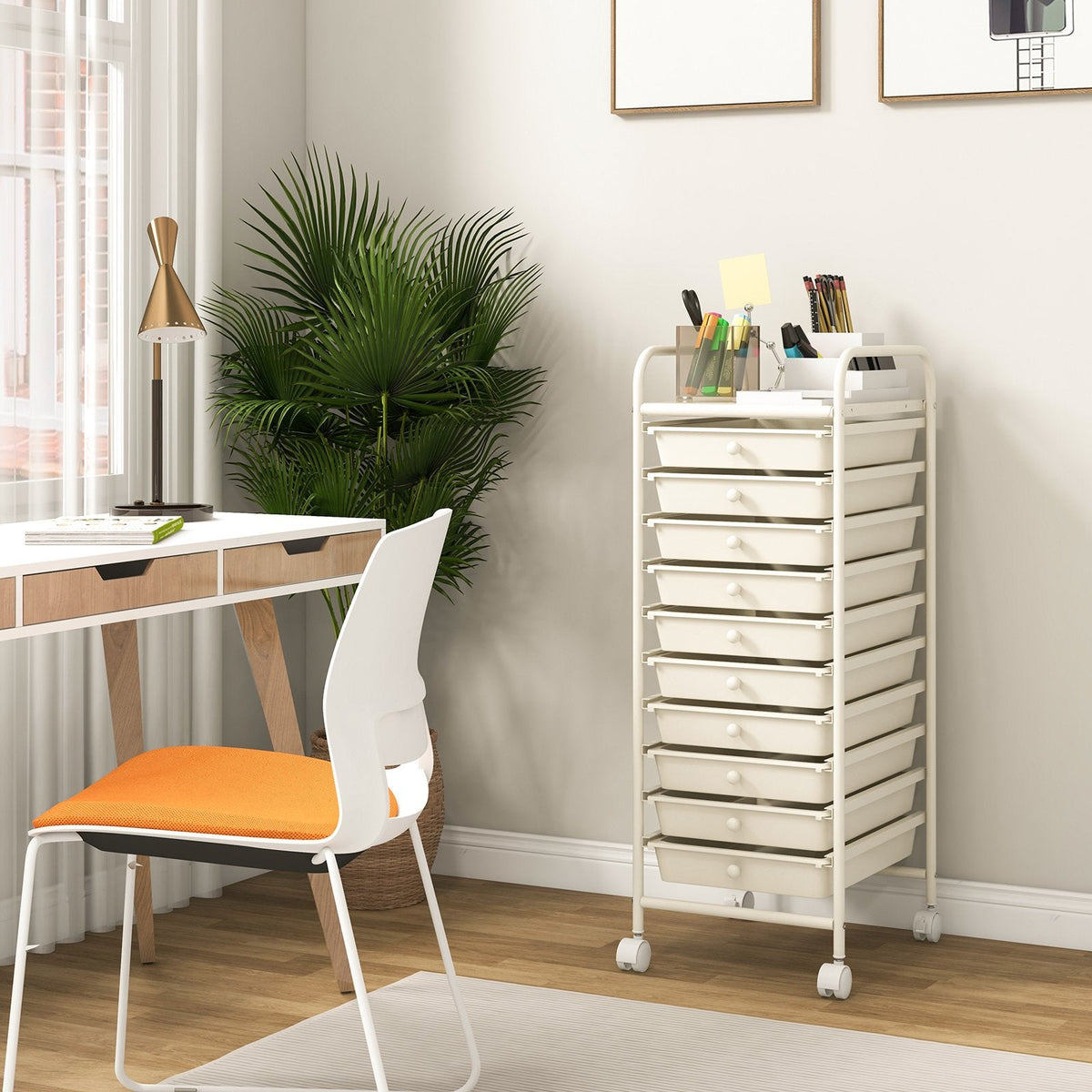 10 Drawer Rolling Storage Cart Organizer with 4 Universal Casters-White