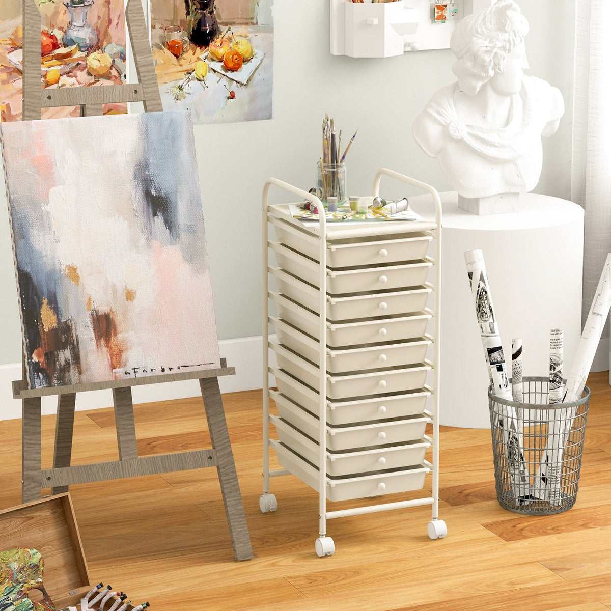 10 Drawer Rolling Storage Cart Organizer with 4 Universal Casters-White