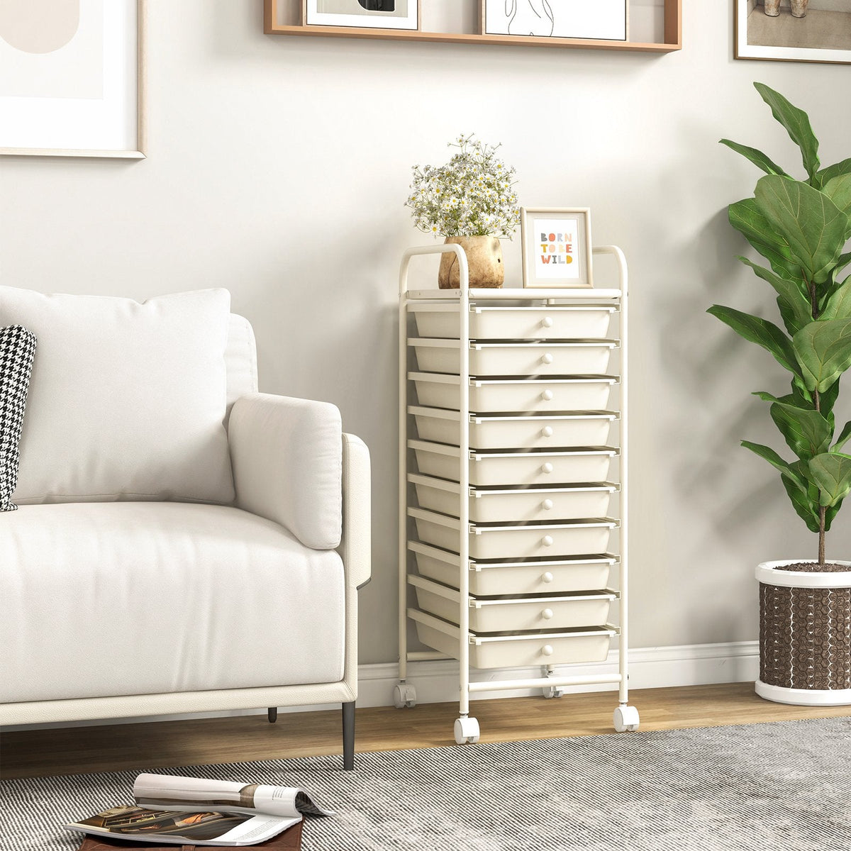 10 Drawer Rolling Storage Cart Organizer with 4 Universal Casters-White