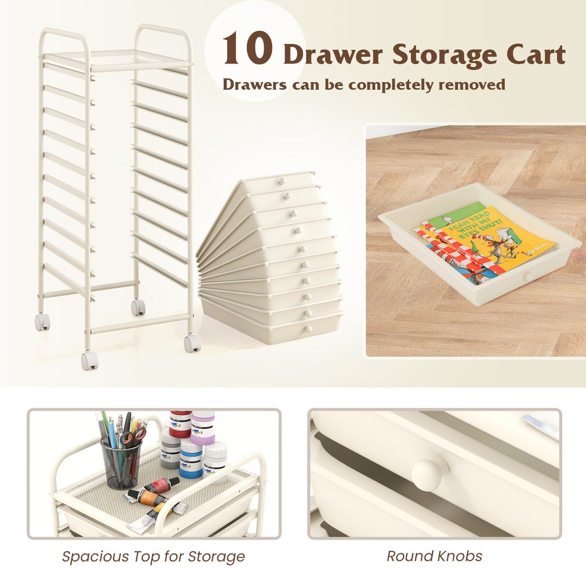 10 Drawer Rolling Storage Cart Organizer with 4 Universal Casters-White