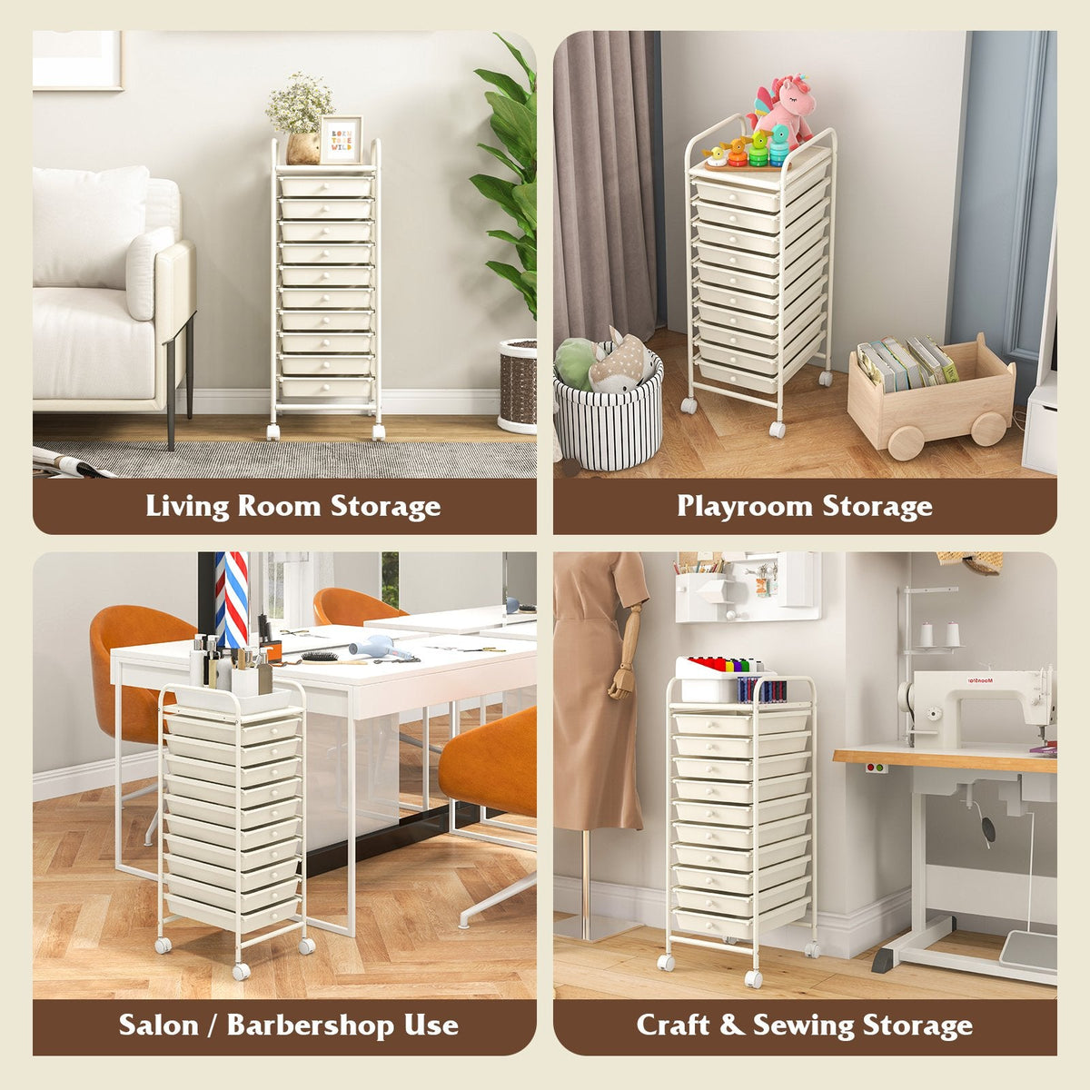 10 Drawer Rolling Storage Cart Organizer with 4 Universal Casters-White