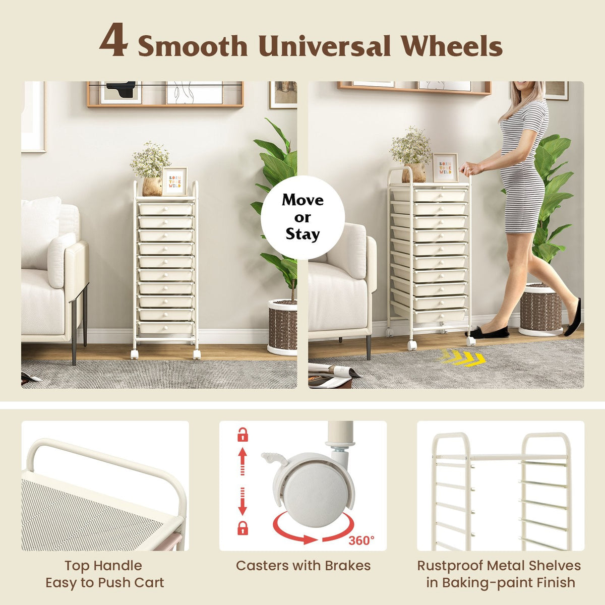 10 Drawer Rolling Storage Cart Organizer with 4 Universal Casters-White