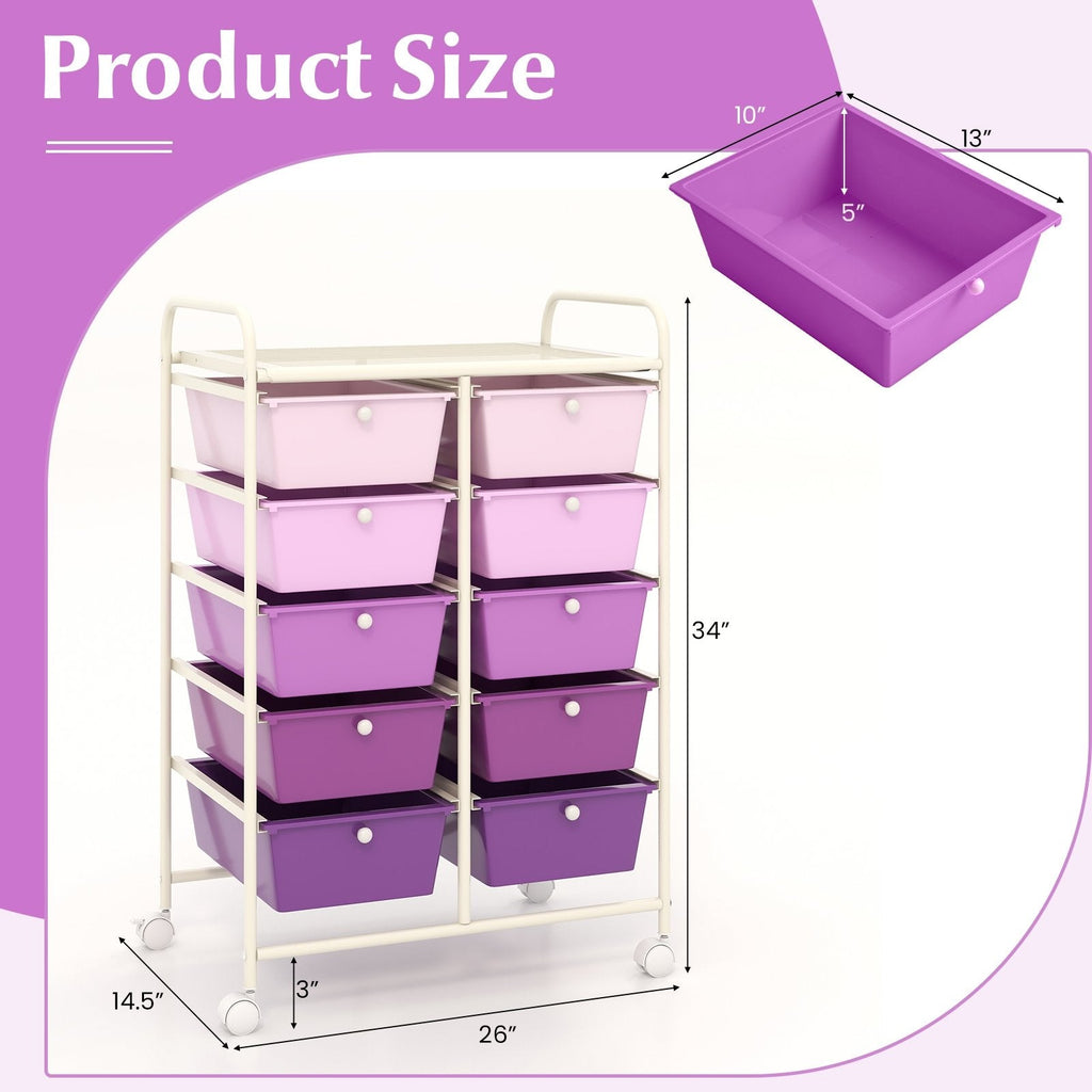 10-Drawer Rolling Storage Cart-Purple