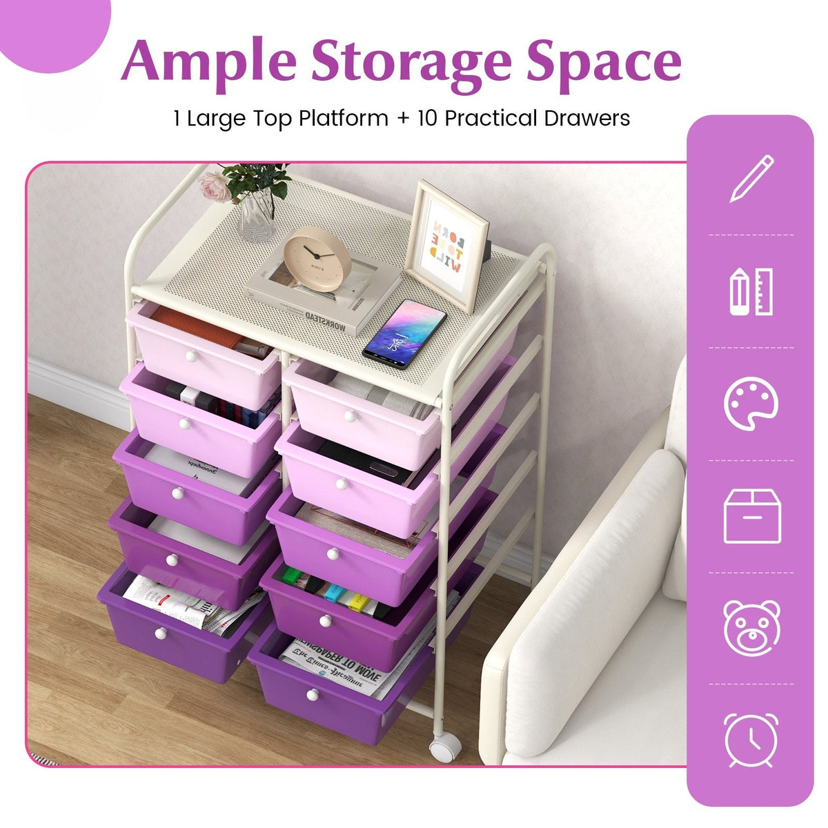 10-Drawer Rolling Storage Cart-Purple