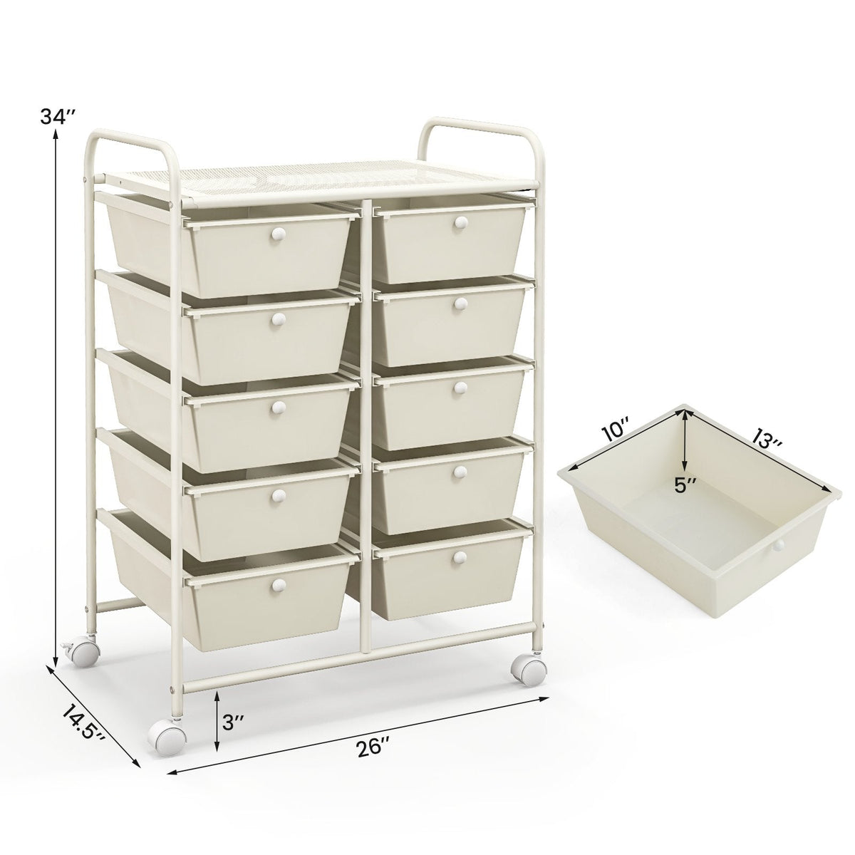 10-Drawer Rolling Storage Cart-White
