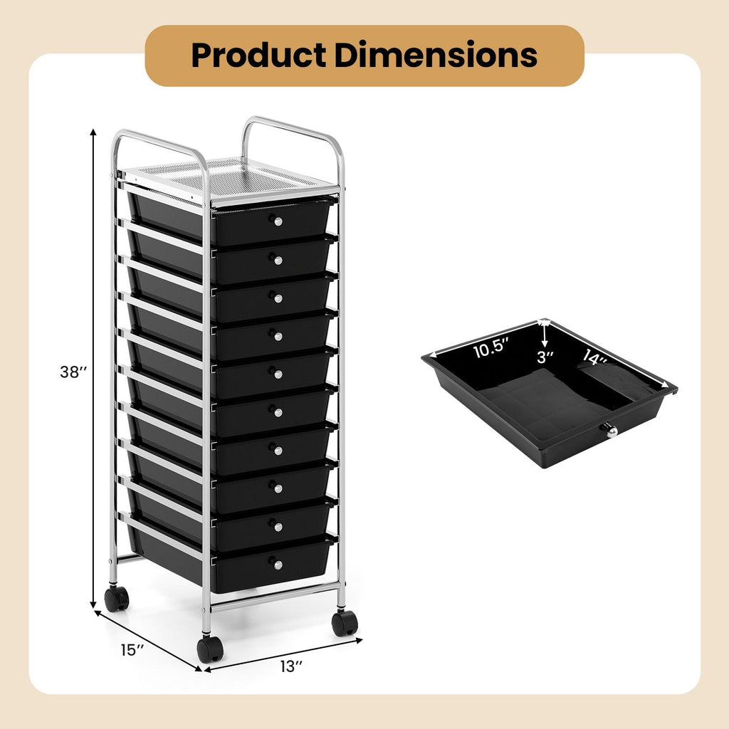 10-Drawer Rolling Storage Cart with Metal Frame and Lockable Universal Wheels-Black