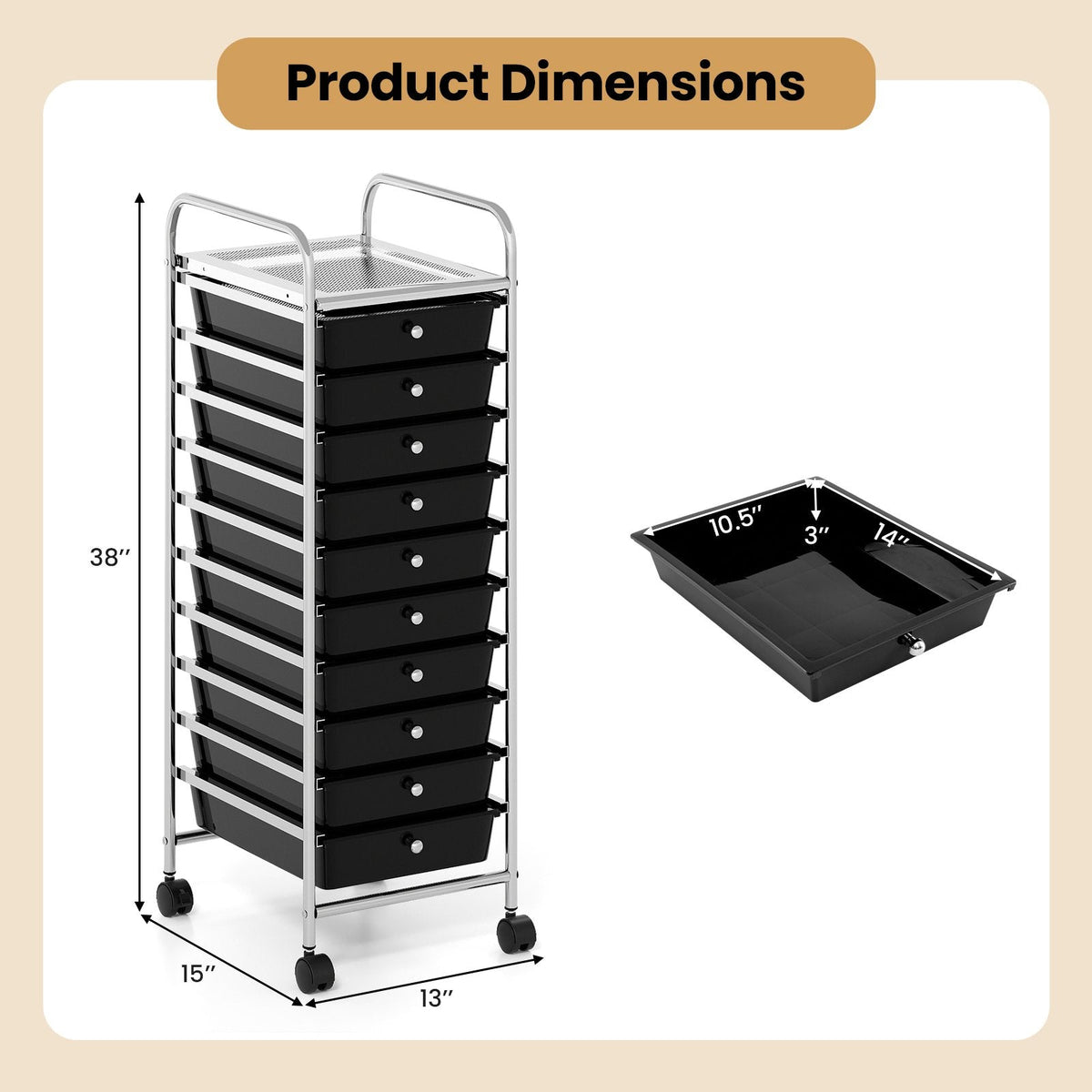 10-Drawer Rolling Storage Cart with Metal Frame and Lockable Universal Wheels-Black
