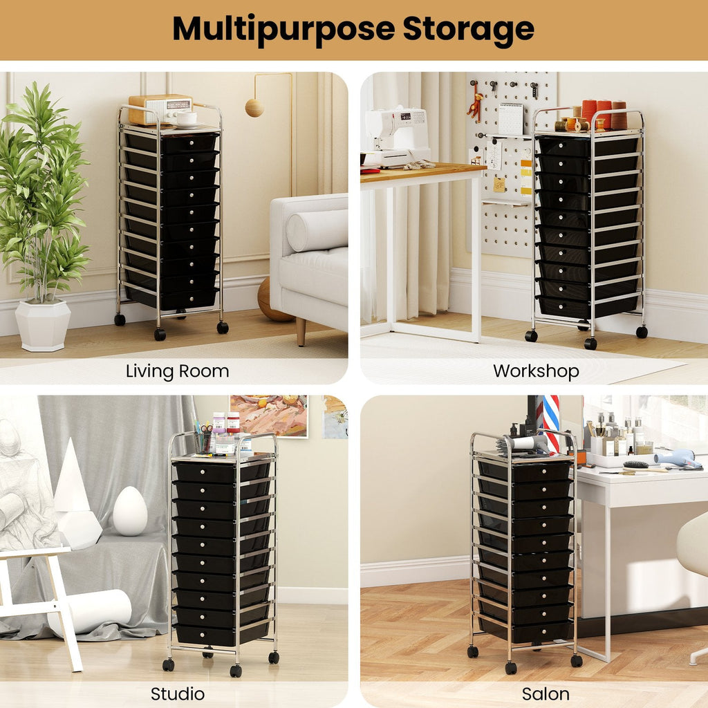 10-Drawer Rolling Storage Cart with Metal Frame and Lockable Universal Wheels-Black