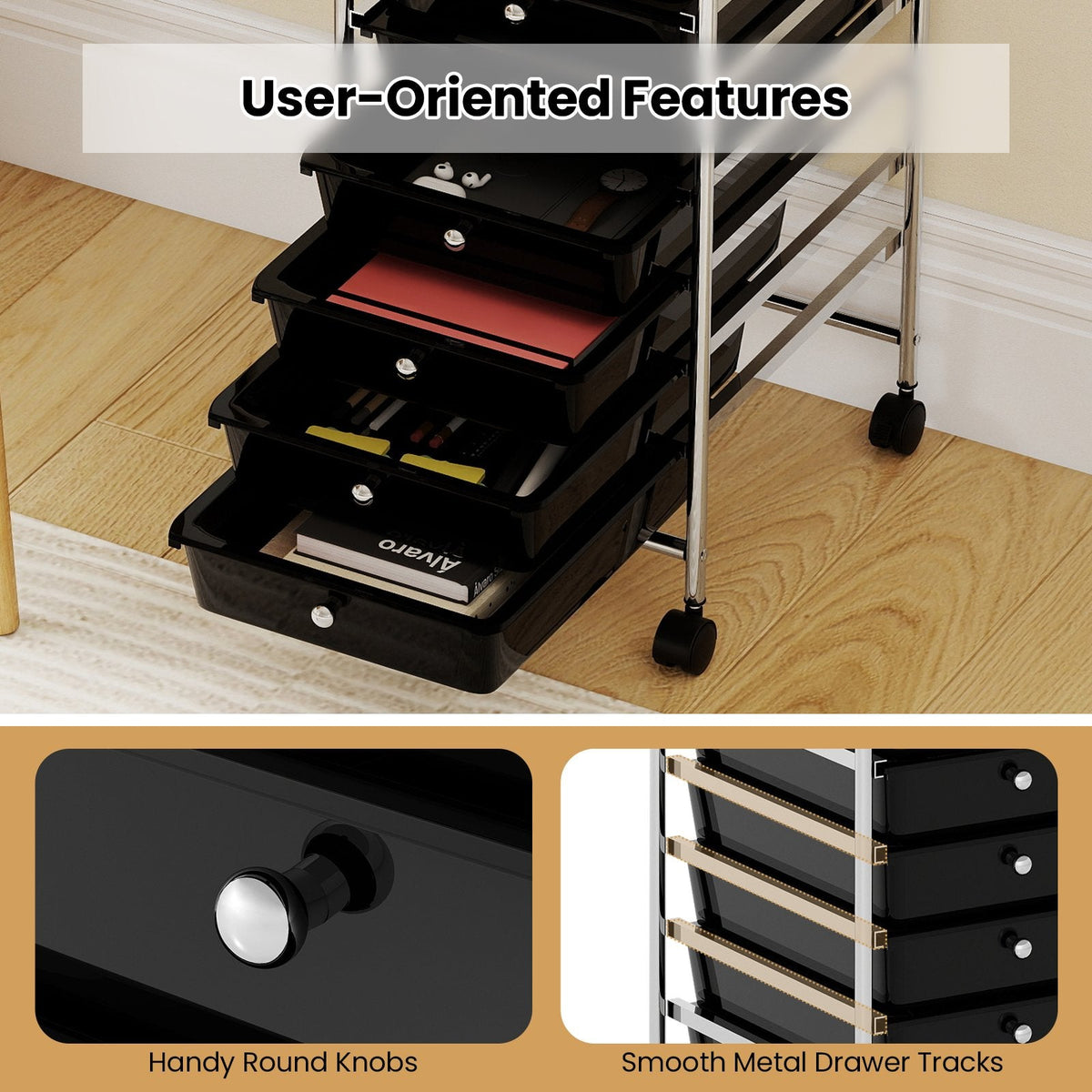 10-Drawer Rolling Storage Cart with Metal Frame and Lockable Universal Wheels-Black