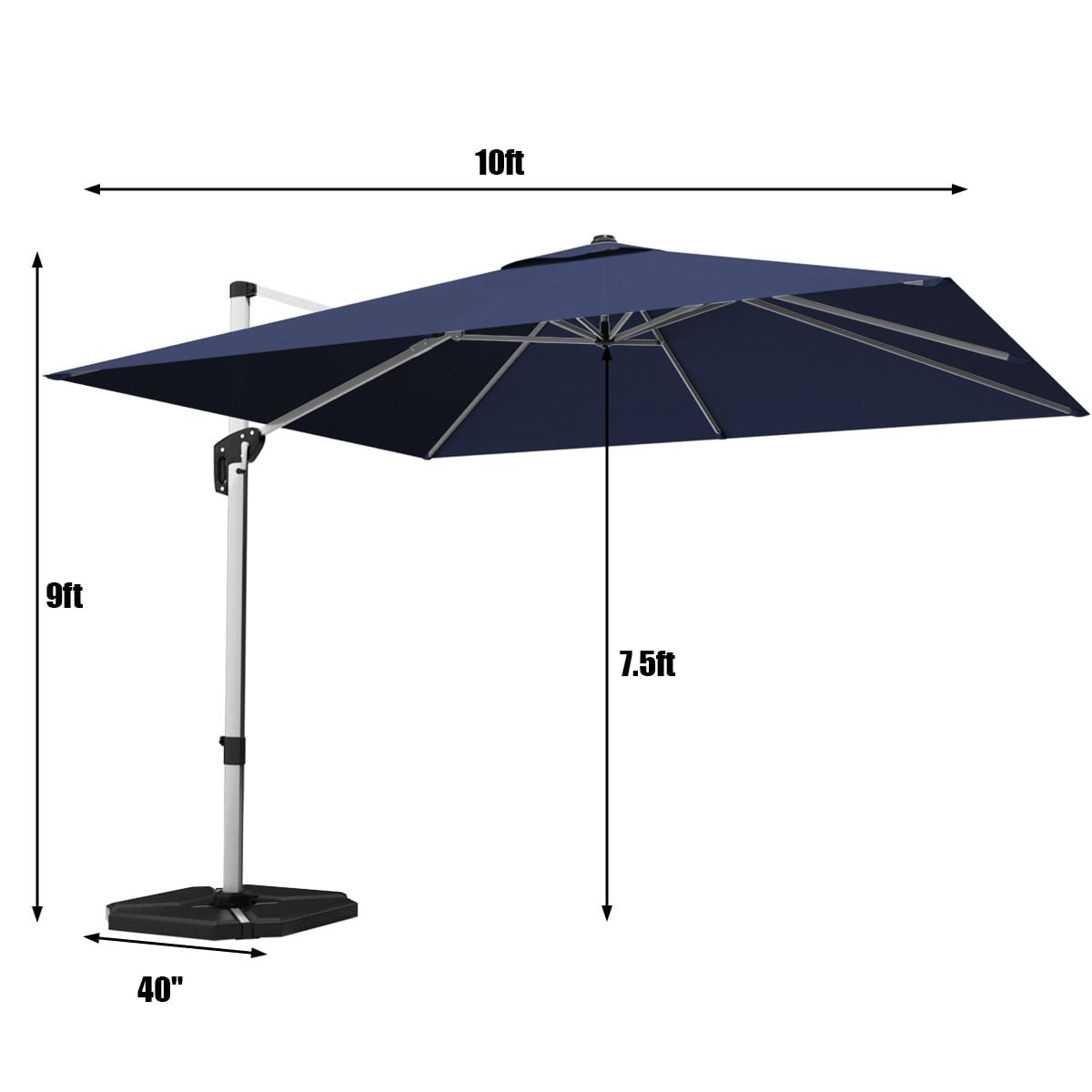10 Feet 360° Tilt Aluminum Square Patio Umbrella without Weight Base-Navy