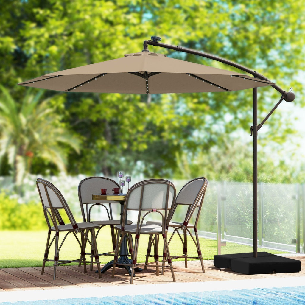 10 Feet Cantilever Umbrella with 32 LED Lights and Solar Panel Batteries-Tan