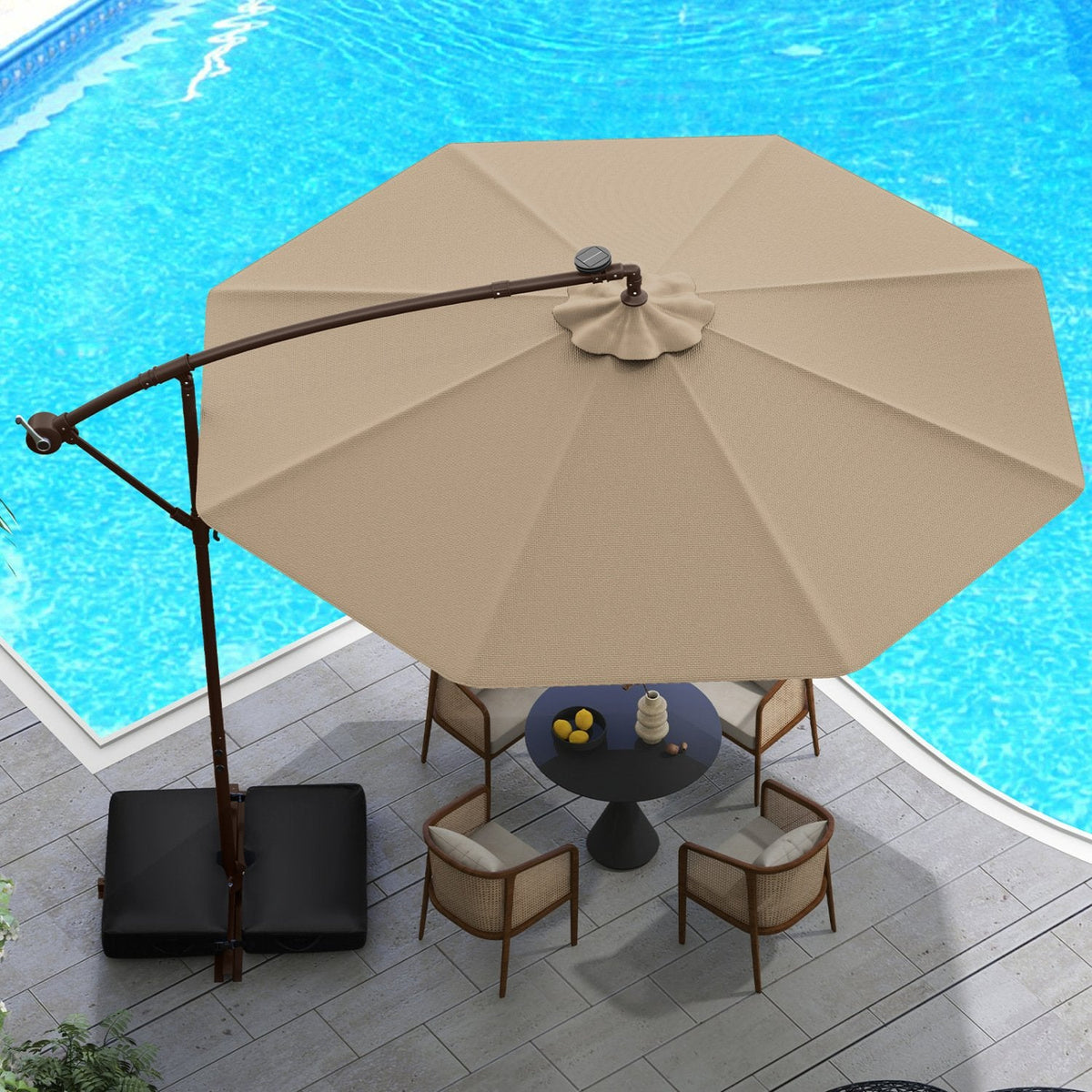 10 Feet Cantilever Umbrella with 32 LED Lights and Solar Panel Batteries-Tan