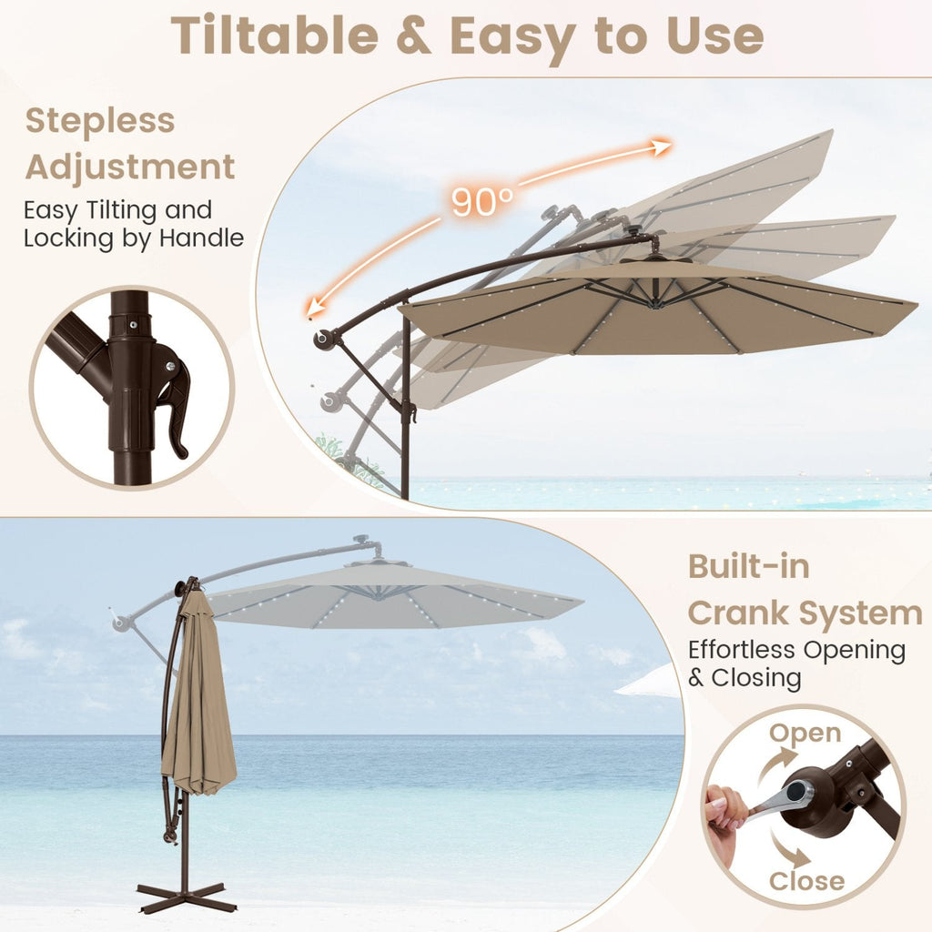 10 Feet Cantilever Umbrella with 32 LED Lights and Solar Panel Batteries-Tan