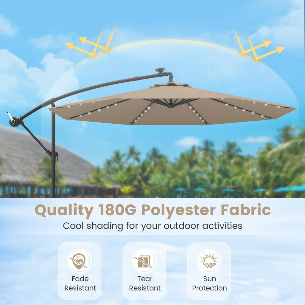 10 Feet Cantilever Umbrella with 32 LED Lights and Solar Panel Batteries-Tan