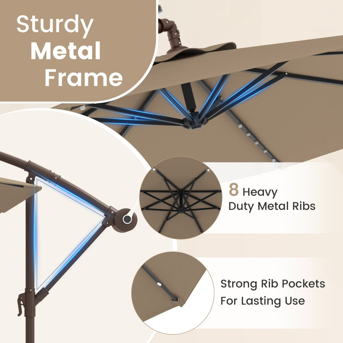 10 Feet Cantilever Umbrella with 32 LED Lights and Solar Panel Batteries-Tan