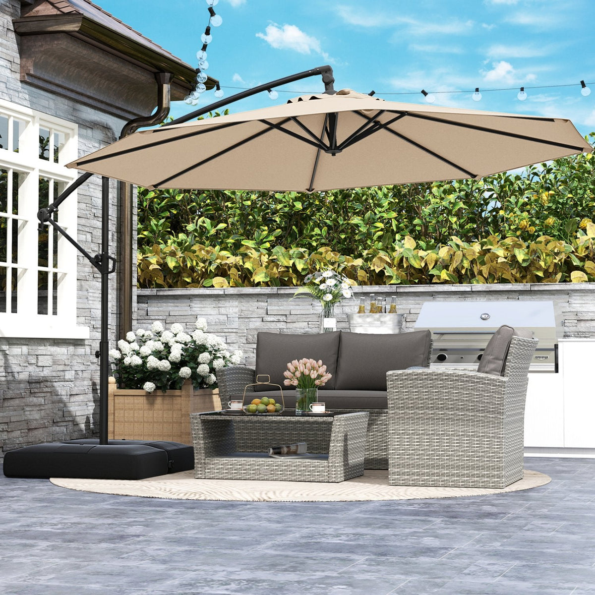 10 Feet Offset Hanging Umbrella with Base Patio Cantilever Umbrella with Tilt-Beige