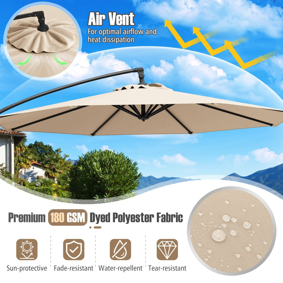 10 Feet Offset Hanging Umbrella with Base Patio Cantilever Umbrella with Tilt-Beige