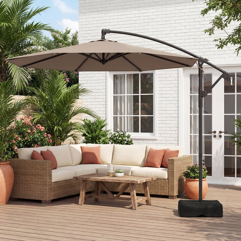 10 Feet Offset Hanging Umbrella with Base Patio Cantilever Umbrella with Tilt-Taupe