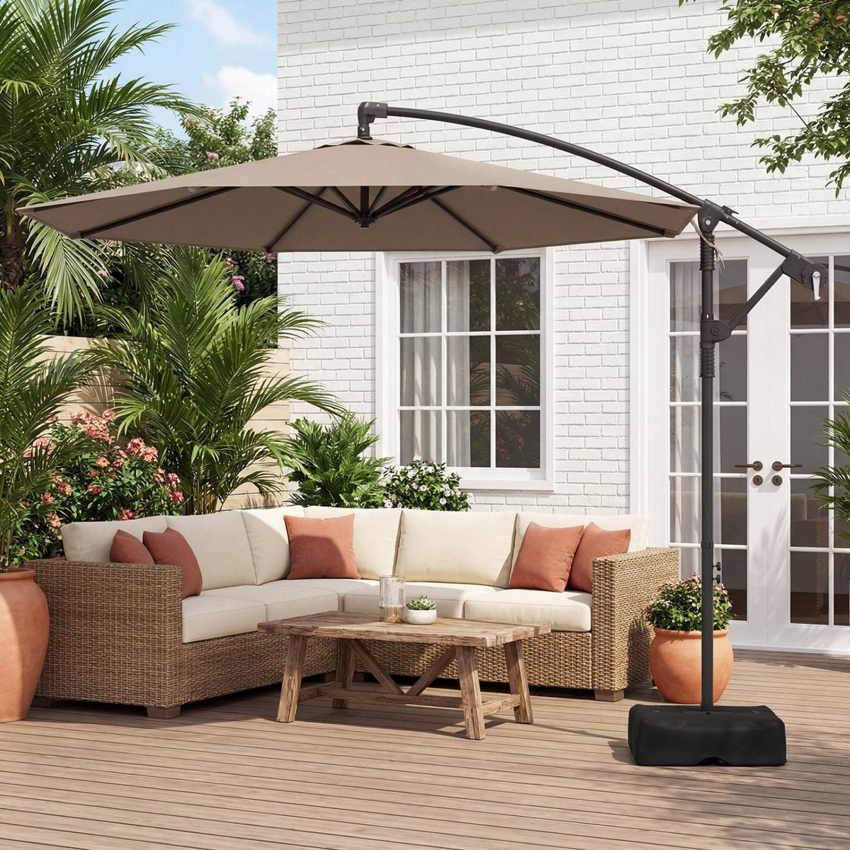 10 Feet Offset Hanging Umbrella with Base Patio Cantilever Umbrella with Tilt-Taupe