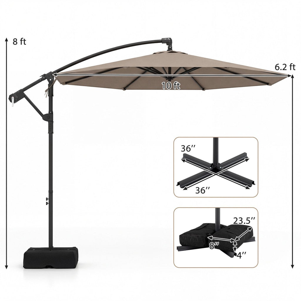 10 Feet Offset Hanging Umbrella with Base Patio Cantilever Umbrella with Tilt-Taupe