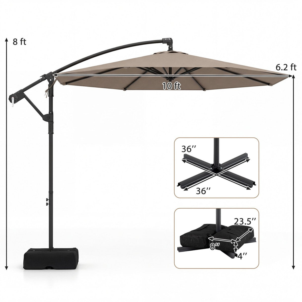 10 Feet Offset Hanging Umbrella with Base Patio Cantilever Umbrella with Tilt-Taupe
