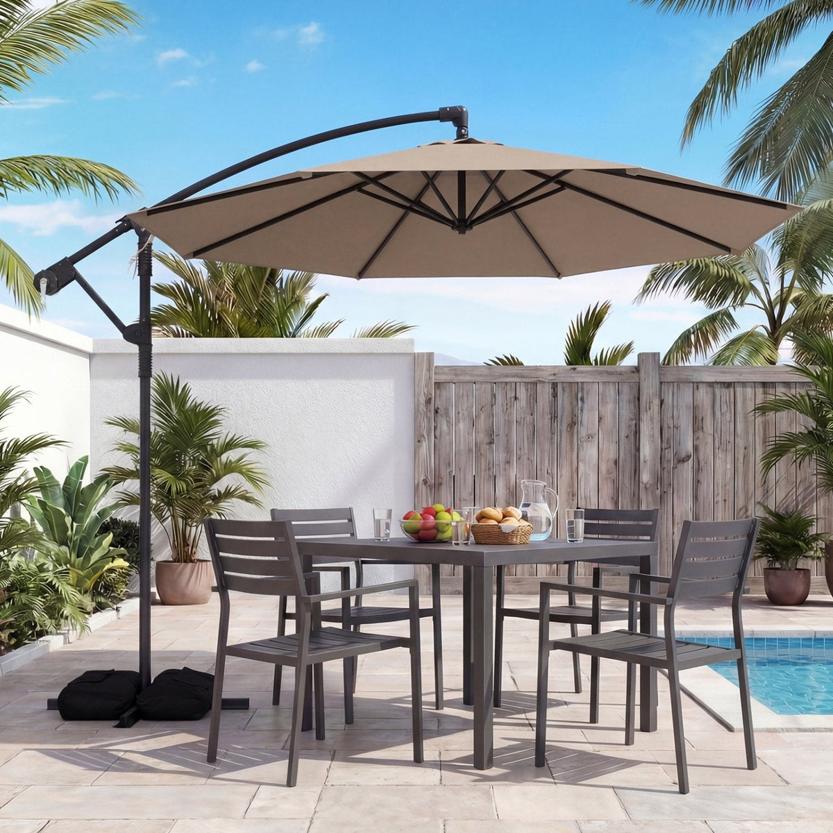 10 Feet Offset Hanging Umbrella with Base Patio Cantilever Umbrella with Tilt-Taupe