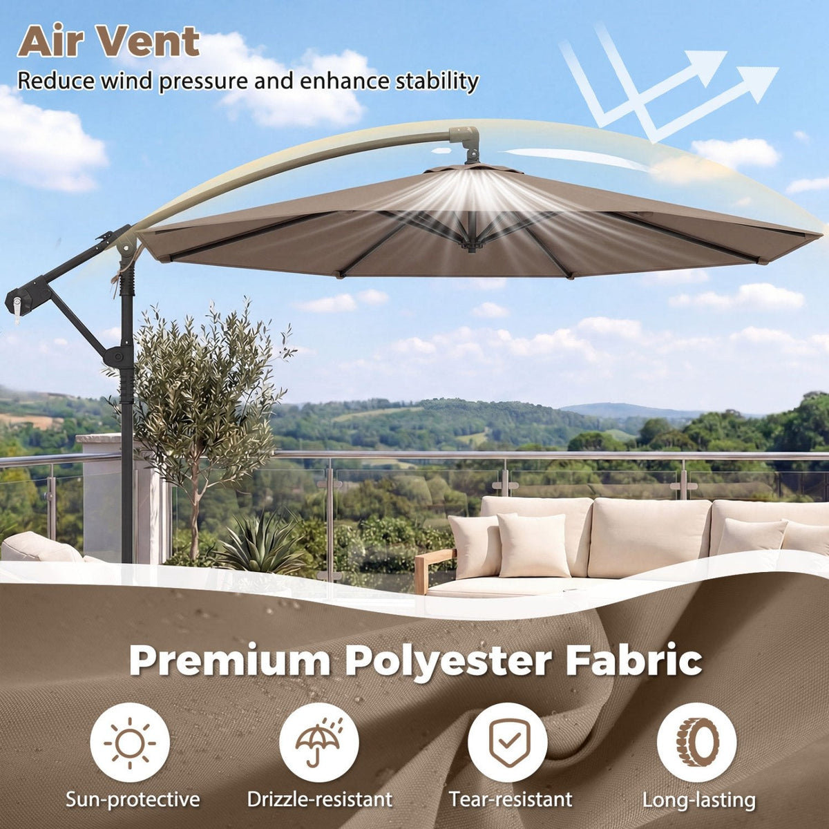 10 Feet Offset Hanging Umbrella with Base Patio Cantilever Umbrella with Tilt-Taupe