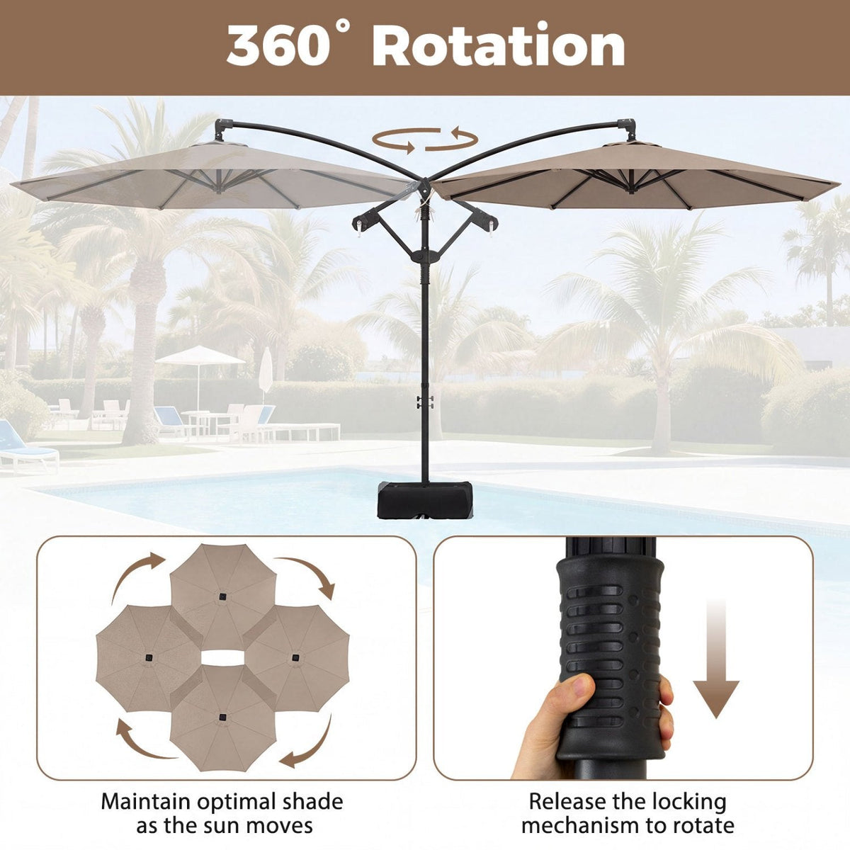 10 Feet Offset Hanging Umbrella with Base Patio Cantilever Umbrella with Tilt-Taupe