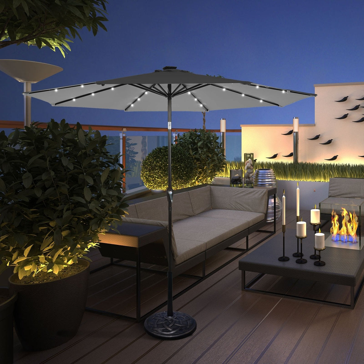 10 Feet Outdoor Patio Umbrella with Bright Solar LED Lights-Gray